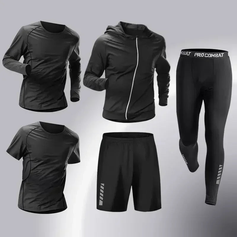 Conjunto Esportivo Masculino 3-5 Peças para Corrida - Roupas de Treinamento, Compressão e Legging Secagem Rápida