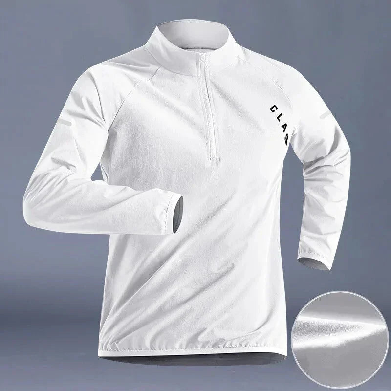 Camisa Esportiva Masculina de Secagem Rápida – Manga Longa, Gola Alta, Zíper Meio, Ideal para Corrida e Treinos ao Ar Livre