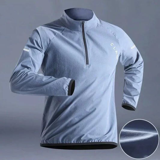 Camisa Esportiva Masculina de Secagem Rápida – Manga Longa, Gola Alta, Zíper Meio, Ideal para Corrida e Treinos ao Ar Livre