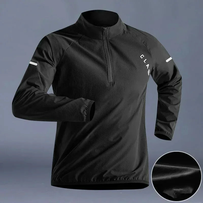 Camisa Esportiva Masculina de Secagem Rápida – Manga Longa, Gola Alta, Zíper Meio, Ideal para Corrida e Treinos ao Ar Livre